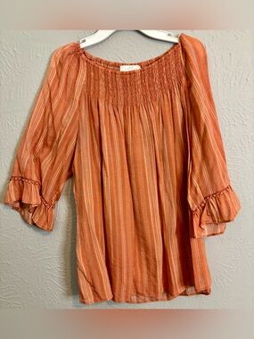 new directions Rust Orange Striped Peasant Blouse